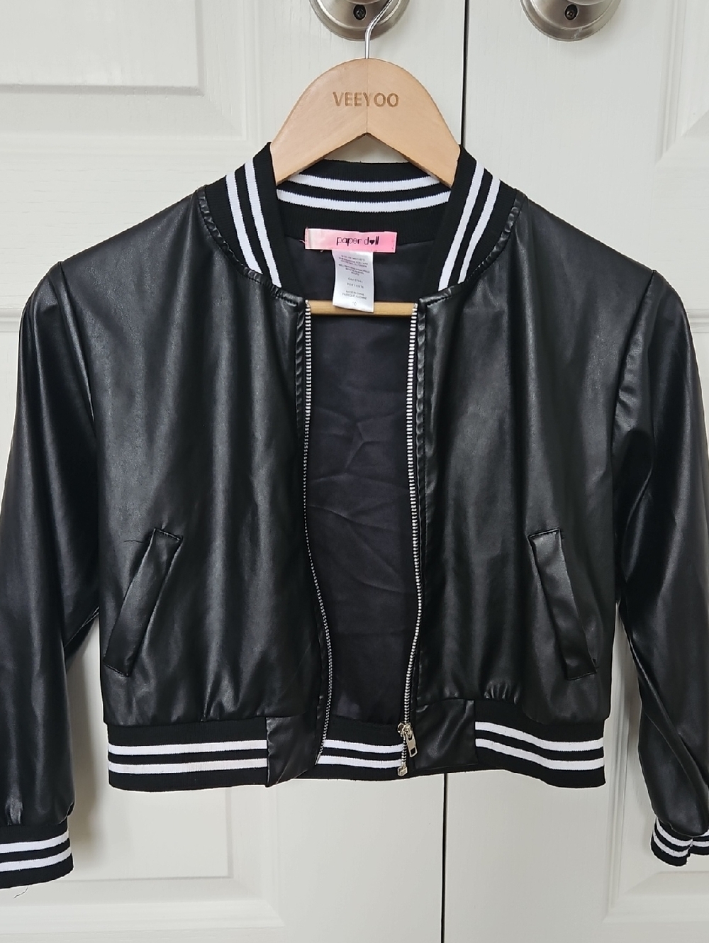 Paper Doll Black Faux Leather Striped Trim Bomber Jacket